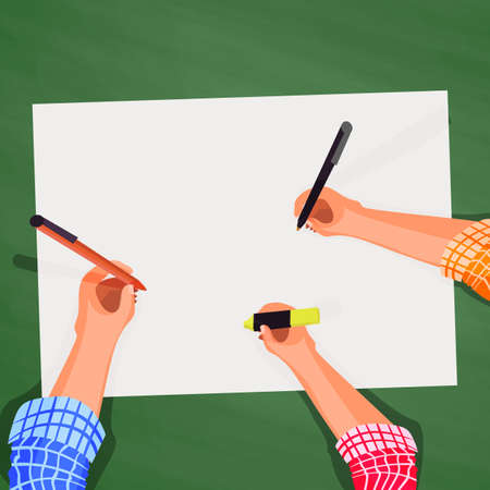 Top view, hands on the desktop, business team background