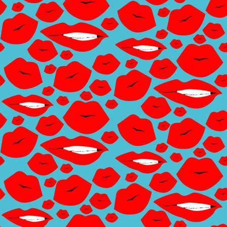 Lips seamless pattern. Cosmetics and makeup. Closeup beautiful lips of girl with red lipstick. Sexy wet lip make-up. Open mouth.のイラスト素材