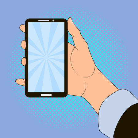 Hand holding smart phone on blue background. Pop art design