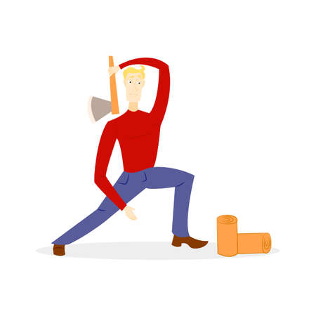 Lumberjack with an ax, chopping wood in the style of a cartoon isolated on white backgroundのイラスト素材