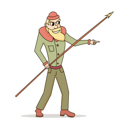 Cute and funny fisherman or hunter with a spear in style cartoon on a white backgroundのイラスト素材