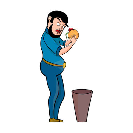 happy hipster man eating hamburger isolated on white background.のイラスト素材