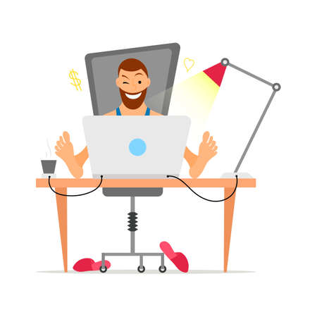 Male with beard freelancer working remotely from his desk. Freelance concept in flat and cartoon style design. Home office workplace. Online shoppingのイラスト素材
