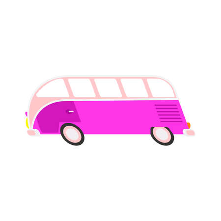 Colorful cartoon travel bus. Surfing retro buses in different colors. Set of recolored traveler coach camper flat style icons isolated on white. Family summer bus in classic colors, vector.のイラスト素材
