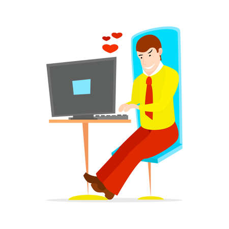 Young handsome Businessman is sitting legs crossed typing something on the desktop computer and friendly smiling. Business concept office work. Modern illustration flat style.のイラスト素材