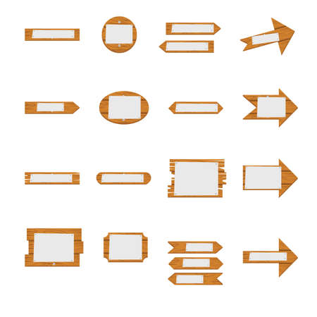 Wooden signboards, wood arrow sign. Wooden icon set isolated on white backgroundのイラスト素材