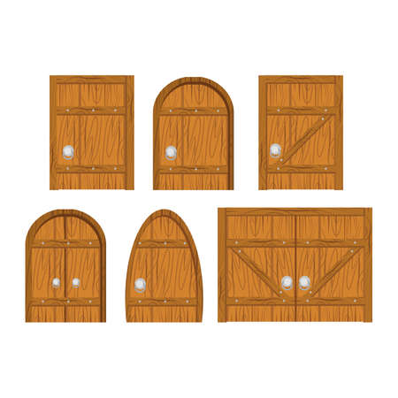 Wooden door set. Closed door, made of wooden planks, with iron hinges. Door isolated on white backgroundのイラスト素材