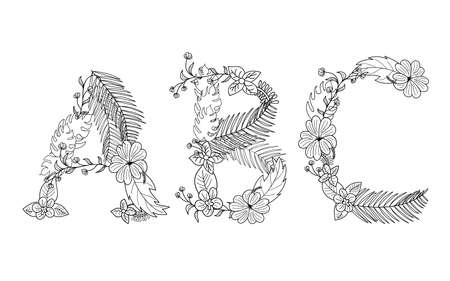 Tropical floral summer pattern hand drawn ornamental font set with palm beach leaves, flower. Letter A,B,Cのイラスト素材