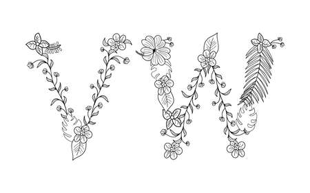 Tropical floral summer pattern hand drawn ornamental font set with palm beach leaves, flower. Letter V,Wのイラスト素材