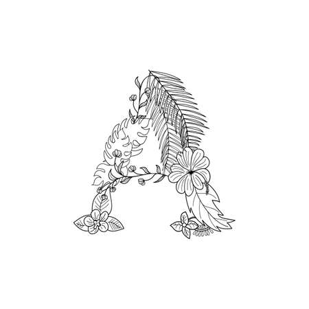 Tropical floral summer pattern hand drawn ornamental font with palm beach leaves, flower. Letter Aのイラスト素材