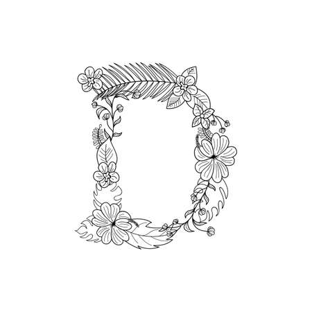 Tropical floral summer pattern hand drawn ornamental font with palm beach leaves, flower. Letter Dのイラスト素材