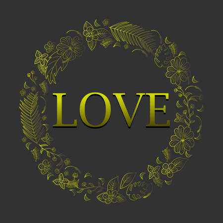 Abstract gold romantic floral and tropical frame. with a gold inscription loveのイラスト素材