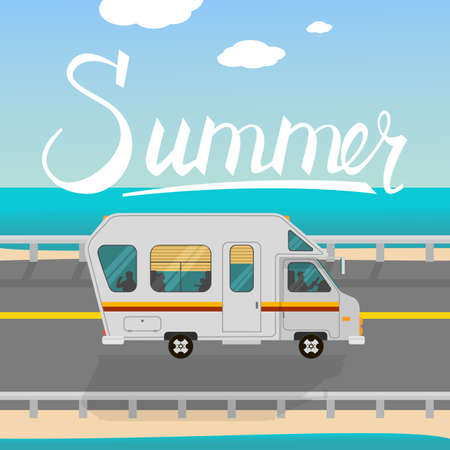 Hand drawn lettering composition of Summer. Handwritten calligraphy design. Summer background Road to the beachのイラスト素材