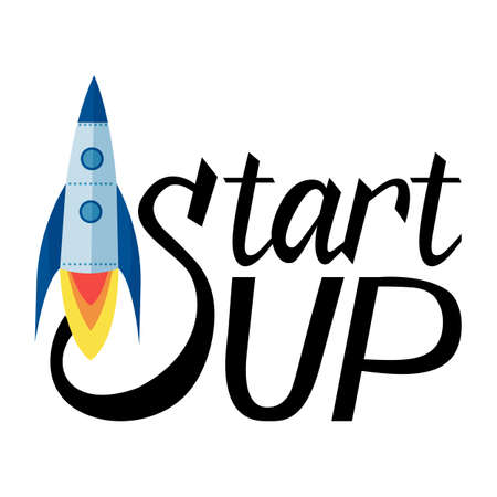 Modern brush inscription Start UP and rocket isolated on white backgroundのイラスト素材