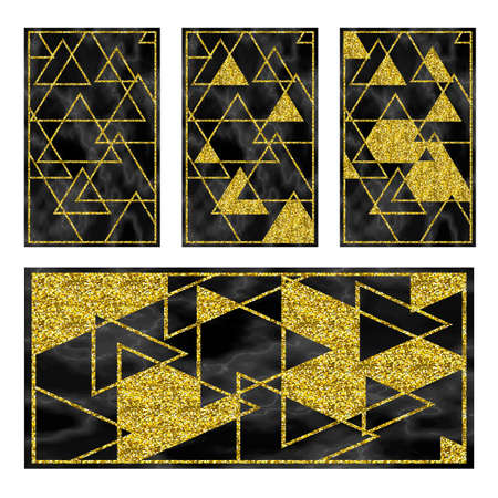 Marble black background with golden geometry. Trend colors