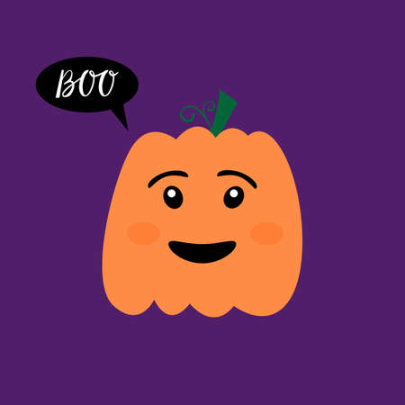 Halloween kawaii pumpkin with inscription brush boo. Halloween Poster with kawaii Pumpkinのイラスト素材