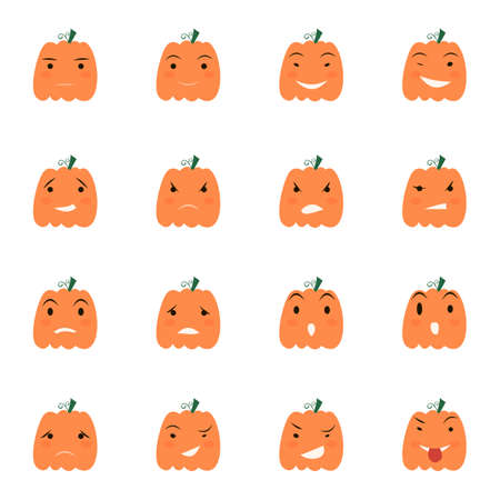 Halloween pumpkin icons set, Emotion Variation. Simple flat style design elements. Set of silhouette spooky horror images of pumpkins.のイラスト素材
