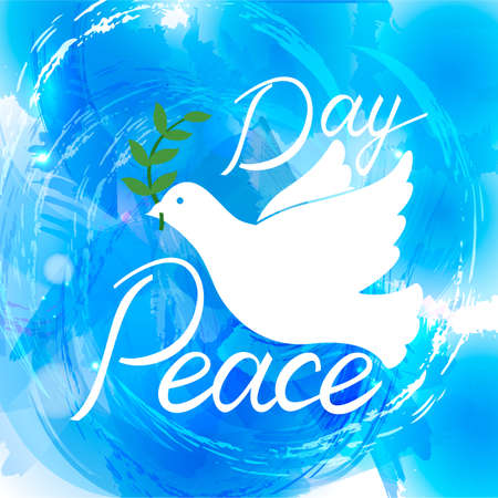 Peace dove with olive branch for International Peace Day poster. Inscription brush Day of Peace on watercolor backgroundのイラスト素材