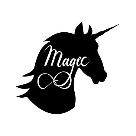 unicorn head silhouette with text. Inspirational illustration design for print, banner, poster. Magic phrase on unicorn.のイラスト素材