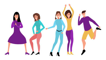 Group happy dancing people. Male and female dancers isolated on white background. Smiling young men and women enjoying dance party. Colorful illustration in flat cartoon styleのイラスト素材