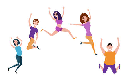 Group of young people jumping with raised hands isolated on white background. Happy positive young men and women rejoicing together. Colored  illustration in flat cartoon styleのイラスト素材