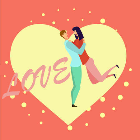 Greeting card with lovers. Young men and women characters in love hugging set, happy romantic loving couples cartoonのイラスト素材