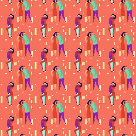 Seamless pattern with young men and women characters in love hugging set, happy romantic loving couples cartoonのイラスト素材