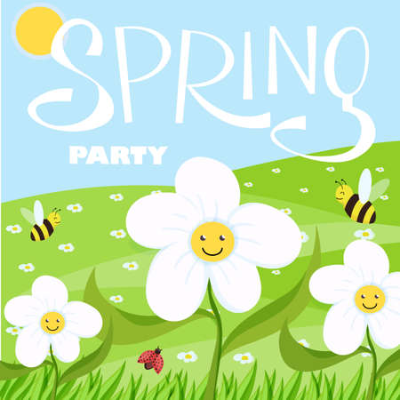 Spring party cartoon landscape with trees and clouds, flowers and grassのイラスト素材