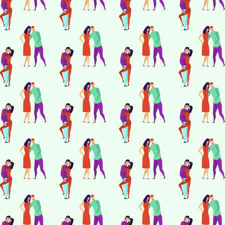 Seamless pattern with young men and women characters in love hugging set, happy romantic loving couples cartoonのイラスト素材