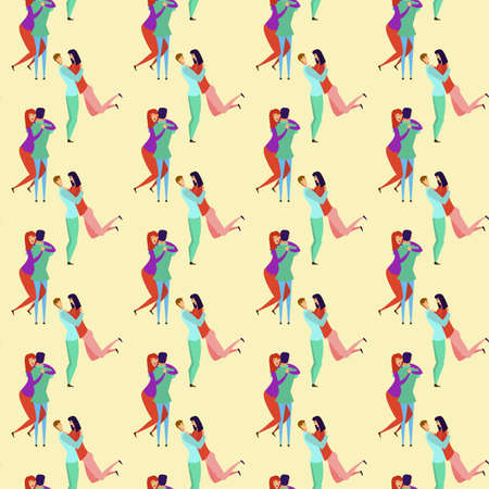 Seamless pattern with young men and women characters in love hugging set, happy romantic loving couples cartoonのイラスト素材