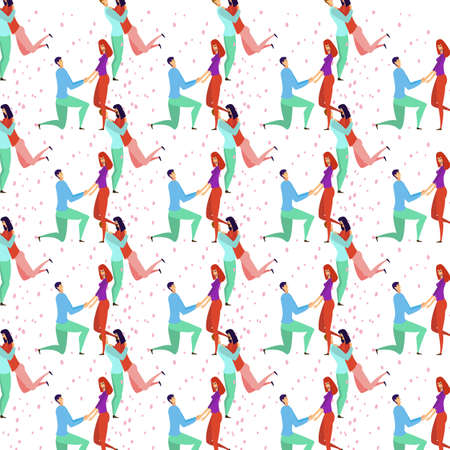 Seamless pattern with young men and women characters in love hugging set, happy romantic loving couples cartoonのイラスト素材