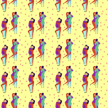 Seamless pattern with young men and women characters in love hugging set, happy romantic loving couples cartoonのイラスト素材