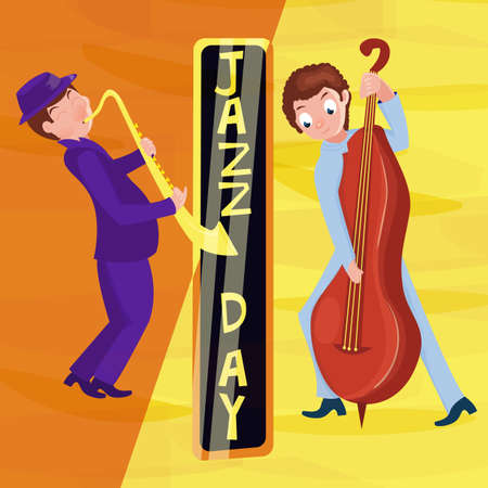 Jazz music festival poster with cartoon saxophonist. International Jazz Day. Vector hand drawn illustration.のイラスト素材