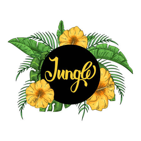 Tropical Hawaiian jungle party invitation with palm leaves and hibiscusのイラスト素材