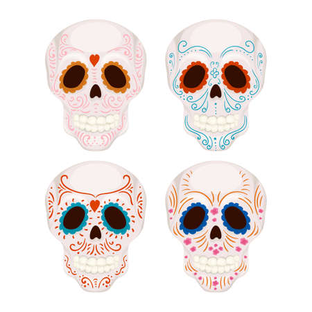 Cartoon Mexican sugar skull with traditional patterns illustration for Day of the Deadのイラスト素材