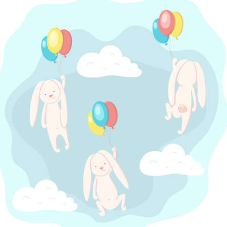 Cute hare and rabbit flying in the sky on balloonsのイラスト素材