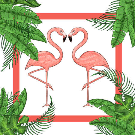 Tropical exotic border frame template with bright green jungle palm treeのイラスト素材