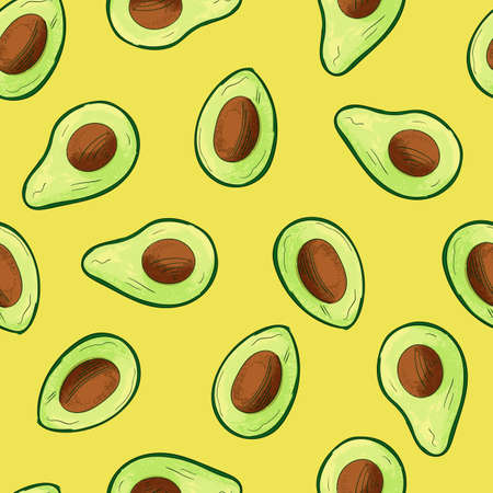 Avocado seamless pattern with exotic healthy fruit. Pear-shaped exotic fruit halves. Healthy nutrition component doodles collectionのイラスト素材