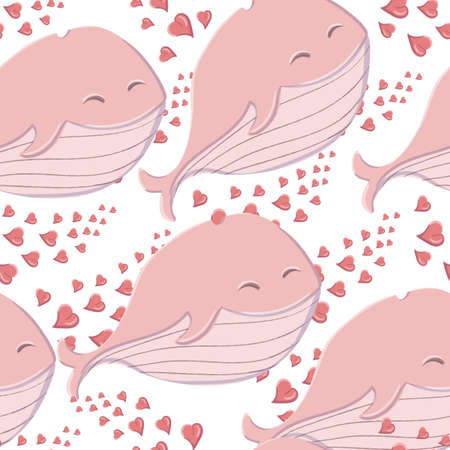 Seamless pattern cute whale in the sea with hearts in the style of a cartoon. Background with whale and slogan I love the oceanのイラスト素材