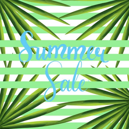 Summer sale vector banner. Social media advertisement with palm leaves. Card with realistic foliage concept. Special discount, shopping advertising. Promo material. Exotic, jungle forestのイラスト素材