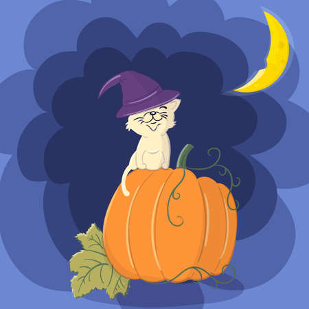 Cute cat in a witch hat sitting on a Halloween pumpkin.のイラスト素材