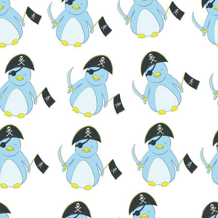 seamless pattern Cute penguin in the style of a cartoon. Little Pirate Penguinのイラスト素材