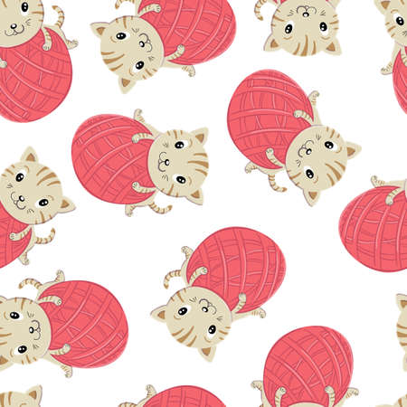 Crazy little kitten playing with a big ball of wool seamless patternのイラスト素材