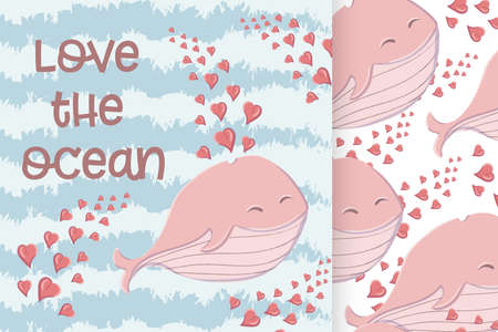 Cute whale in the sea with hearts and and seamless pattern in the style of a cartoon.のイラスト素材