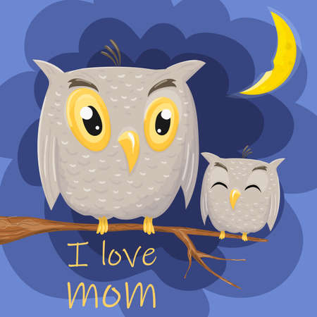 Mother and cute baby owl are sitting on a tree branch. I love mom owl and owletのイラスト素材