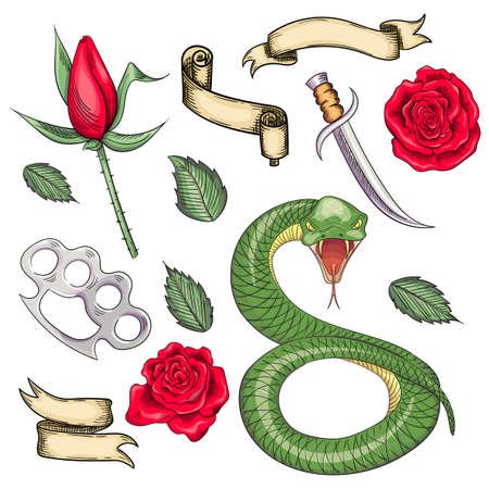 Set of elements for tattoos or stickers, prints in the old school styleのイラスト素材
