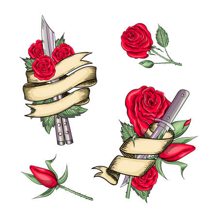 Set of retro tattoos in old school styleのイラスト素材