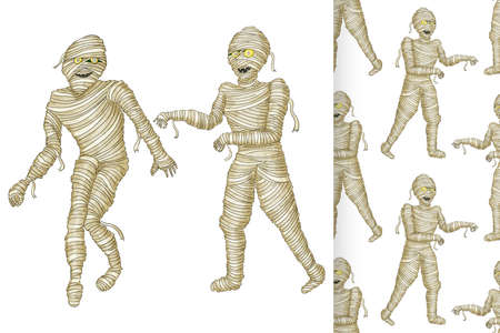 Egyptian mummy and seamless pattern Boy in Halloween mummy costume laughing scarring.の写真素材