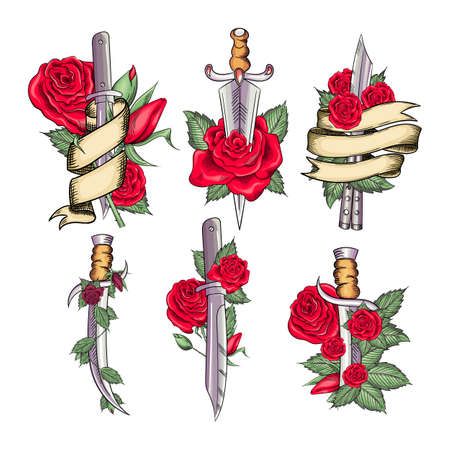 Traditional set tattoo with rose flowers and dagger knife.のイラスト素材