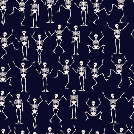 Seamless pattern. Skeletons dancing at a party. Human skeletons in various poses.のイラスト素材